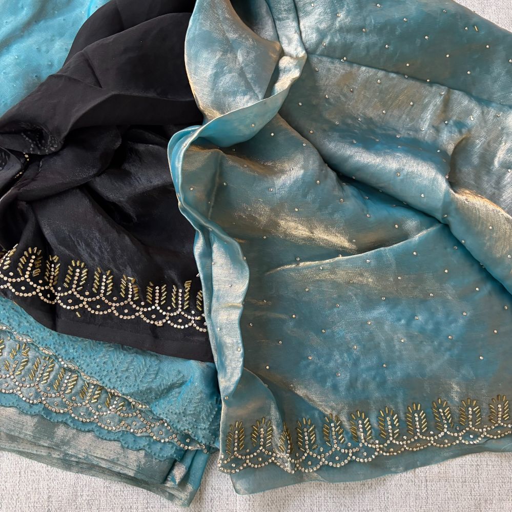 Party wear Teal blue saree with Black Blouse with Dimond work