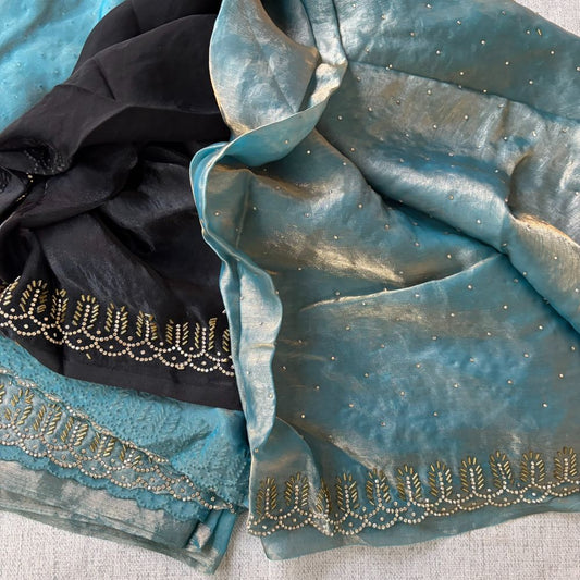 Party wear Teal blue saree with Black Blouse with Dimond work