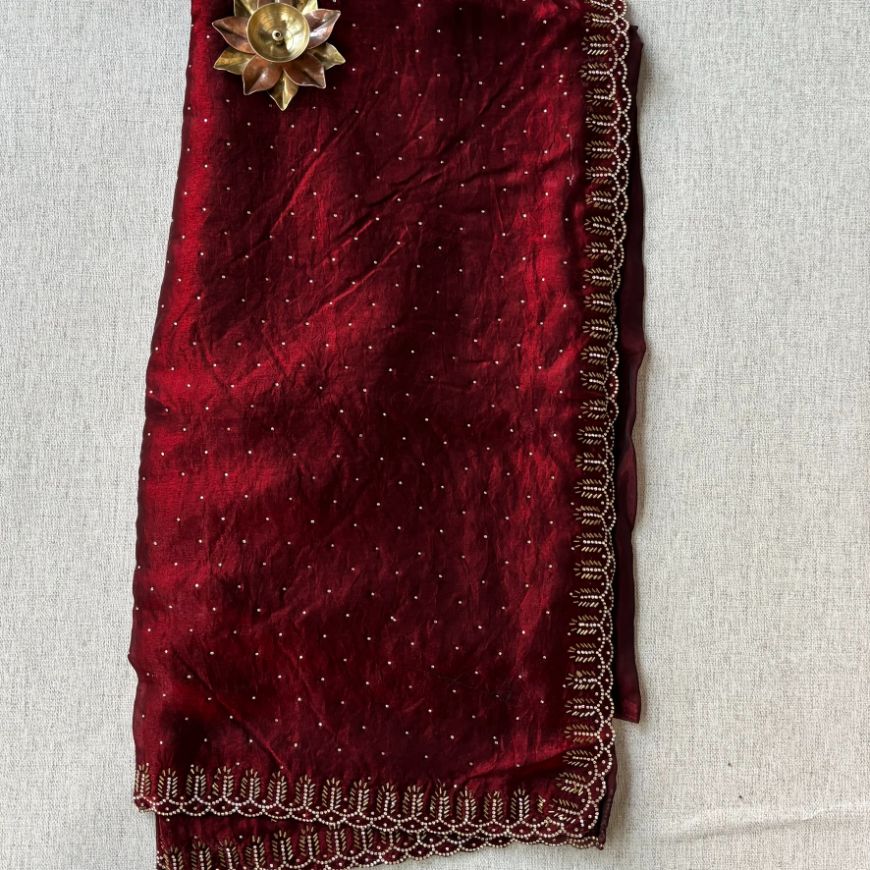 Party wear Maroon saree with Black Blouse with Dimond work