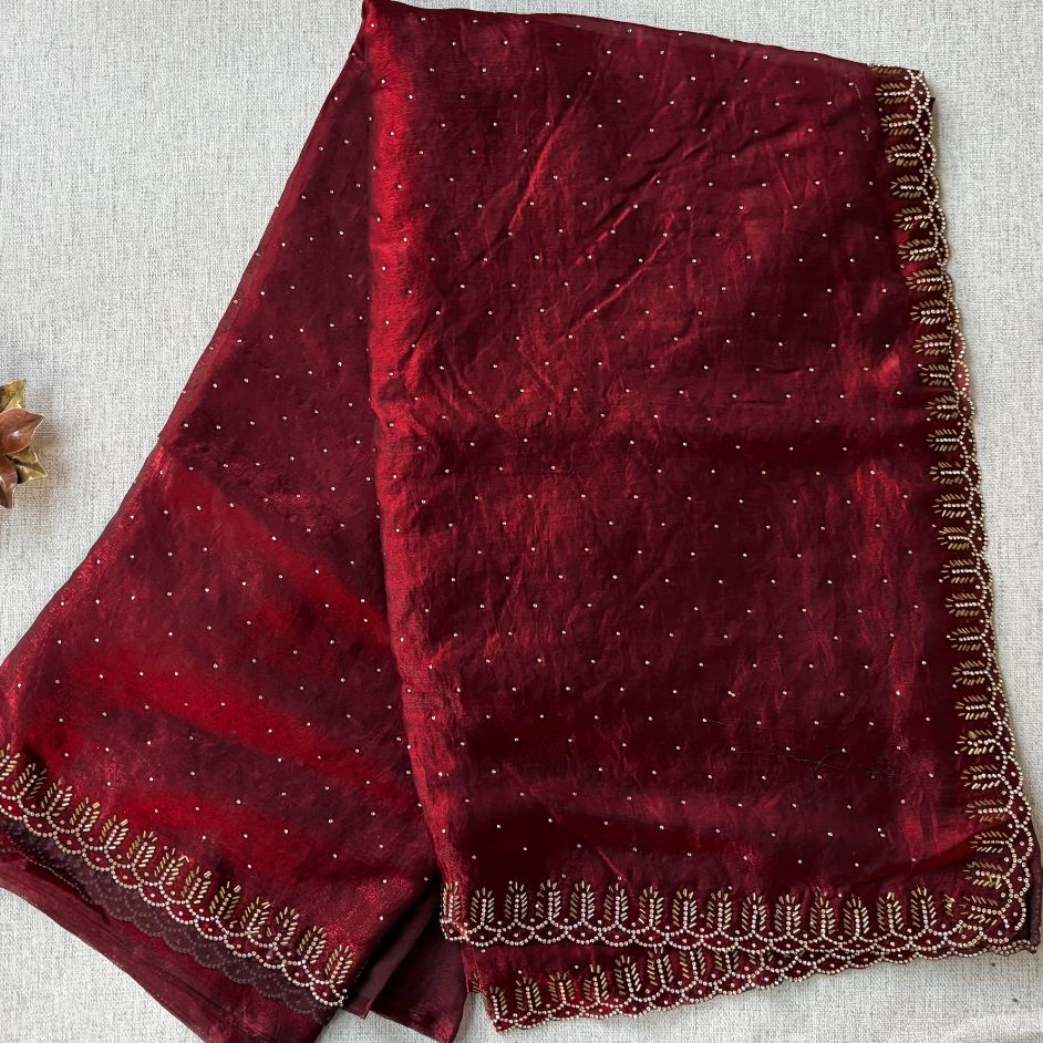 Party wear Maroon saree with Black Blouse with Dimond work