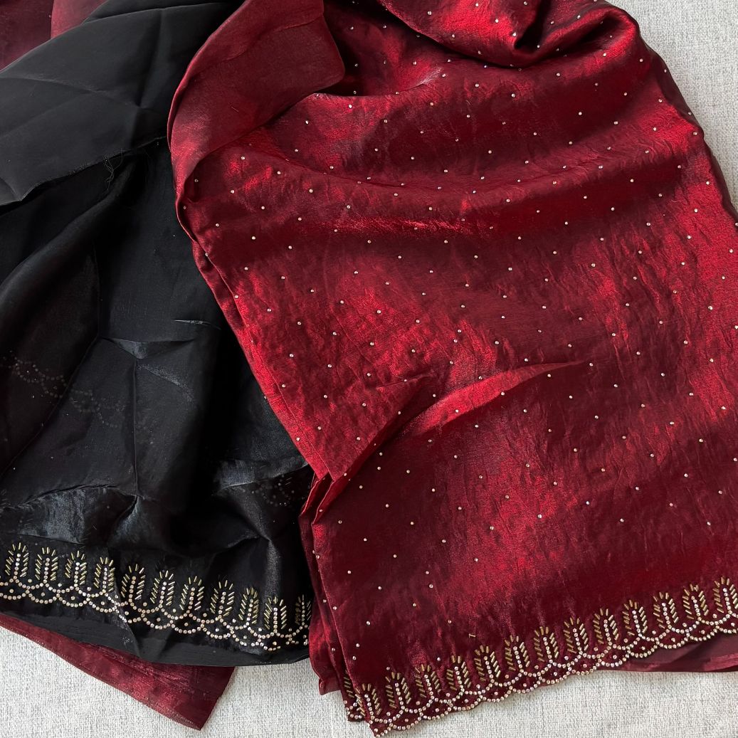Party wear Maroon saree with Black Blouse with Dimond work