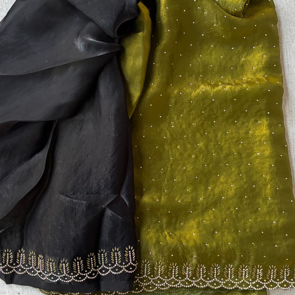 Party wear Mehandi Green saree with Black Blouse with Dimond work