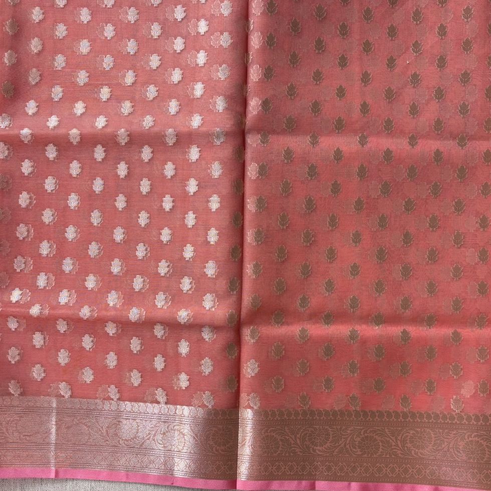 Peach Pink Banarasi Organza Silk Saree