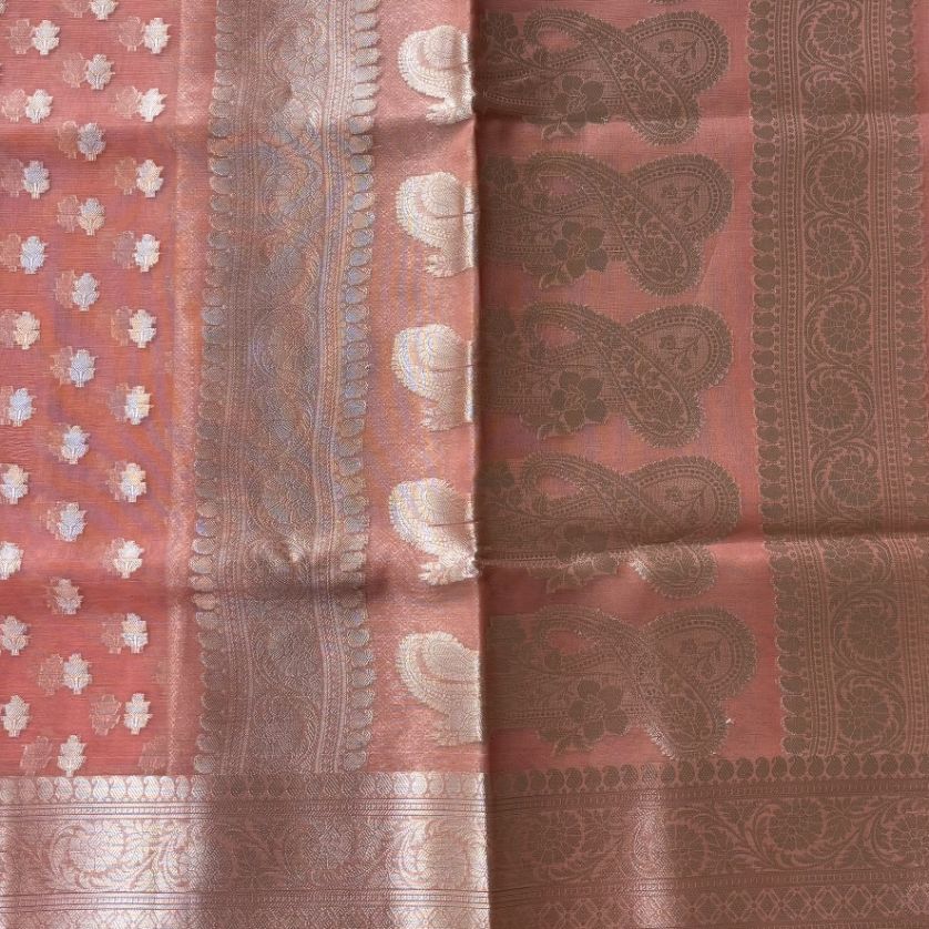 Peach Pink Banarasi Organza Silk Saree