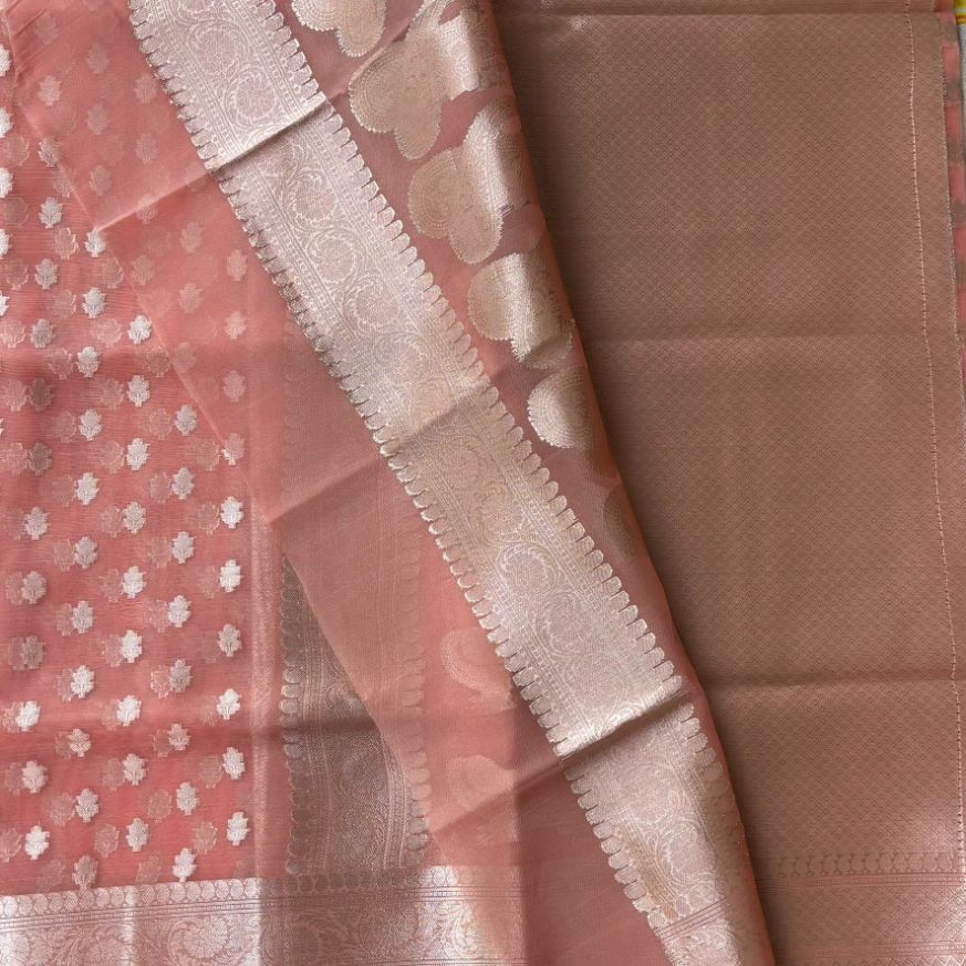 Peach Pink Banarasi Organza Silk Saree