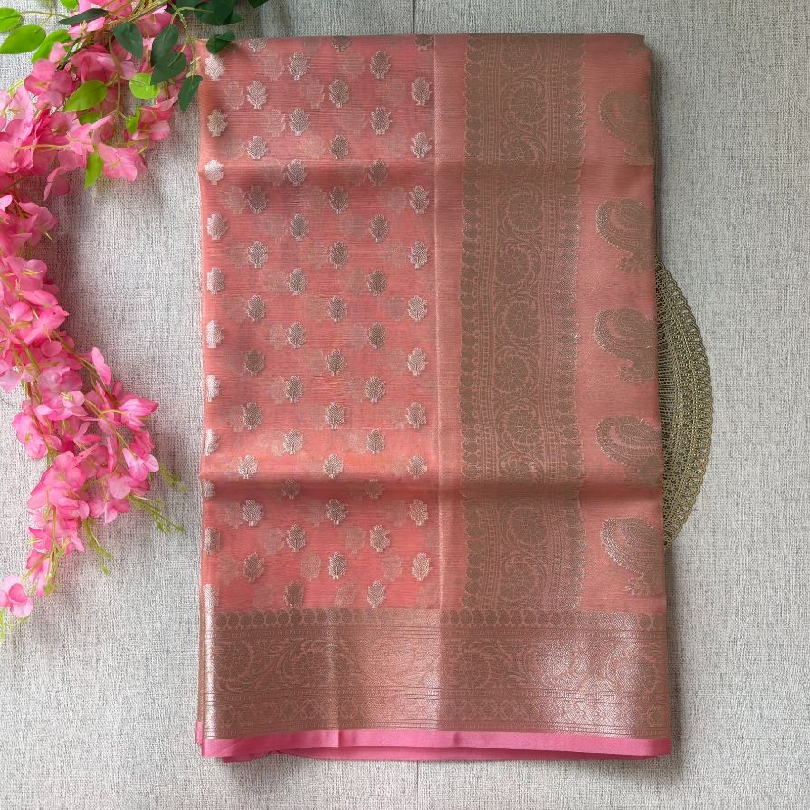 Peach Pink Banarasi Organza Silk Saree