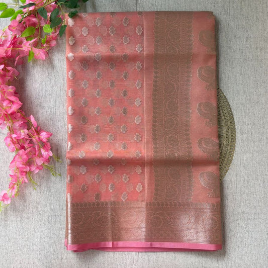 Peach Pink Banarasi Organza Silk Saree