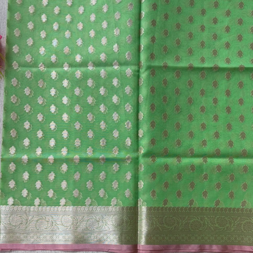 Green and Pink Banarasi Organza Silk Saree