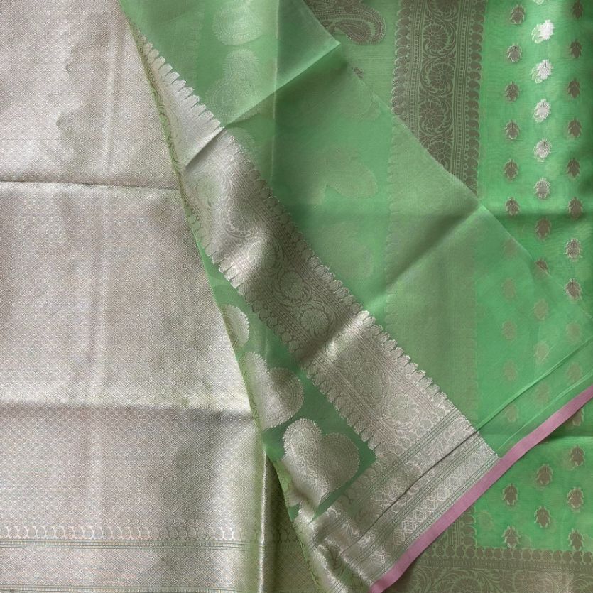 Green and Pink Banarasi Organza Silk Saree