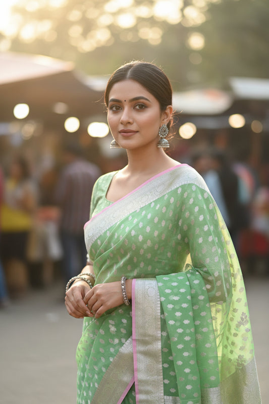 Green and Pink Banarasi Organza Silk Saree