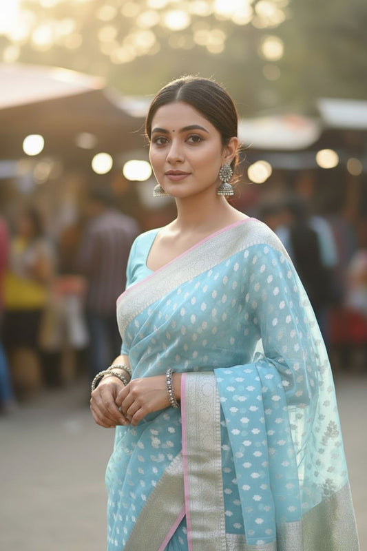 Teal blue Banarasi Organza Silk Saree