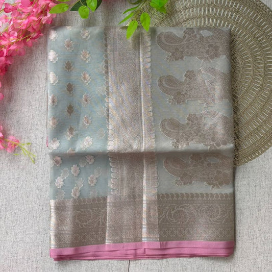 Grey Pink Banarasi Organza Silk Saree