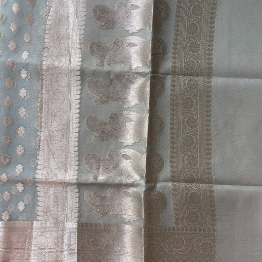 Grey Pink Banarasi Organza Silk Saree