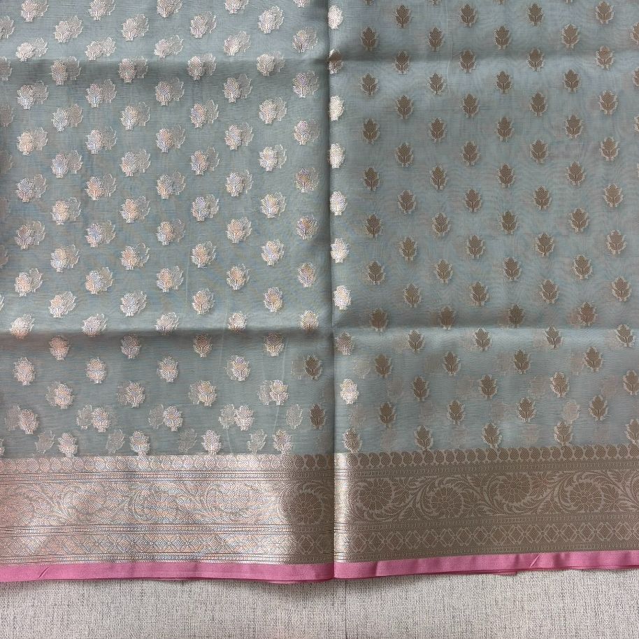 Grey Pink Banarasi Organza Silk Saree