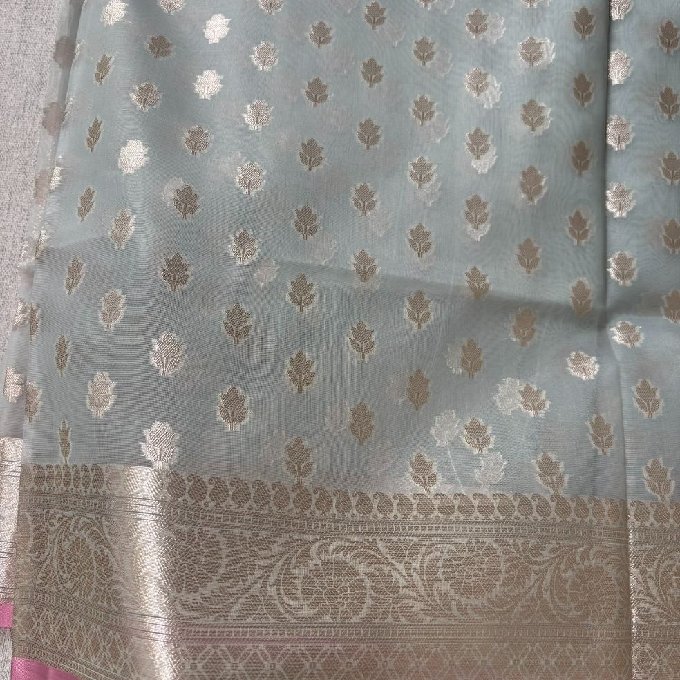 Grey Pink Banarasi Organza Silk Saree