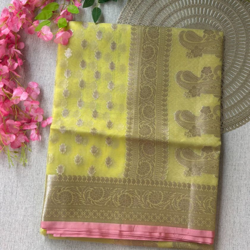 Yellow Pink Banarasi Organza Silk Saree