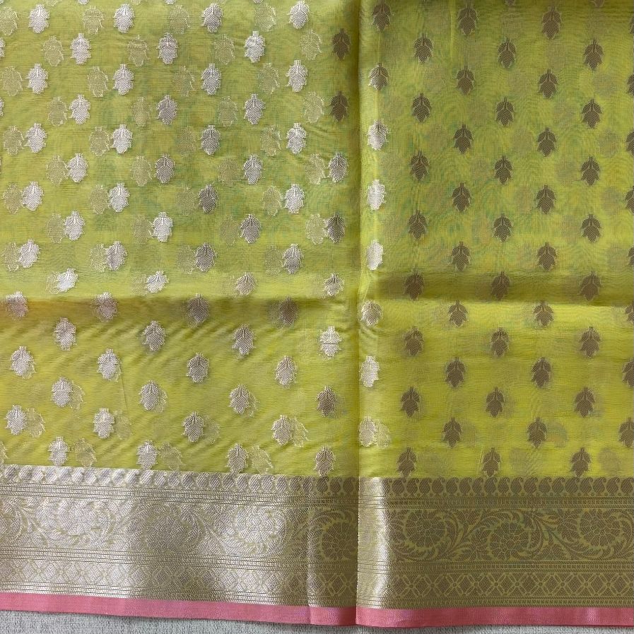 Yellow Pink Banarasi Organza Silk Saree