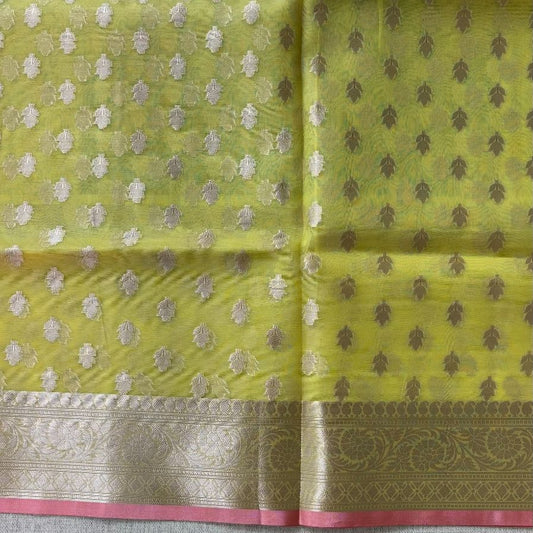 Yellow Pink Banarasi Organza Silk Saree