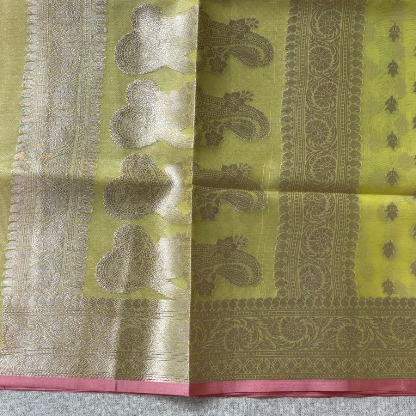 Yellow Pink Banarasi Organza Silk Saree