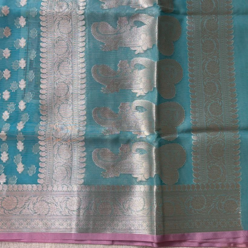 Teal blue Banarasi Organza Silk Saree