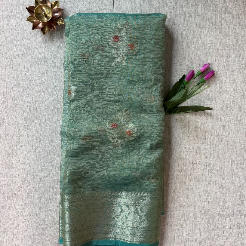 Sea green Banarasi Meenakari buta crushed tussue silk saree