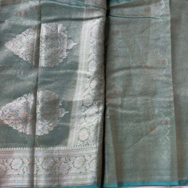 Sea green Banarasi Meenakari buta crushed tussue silk saree