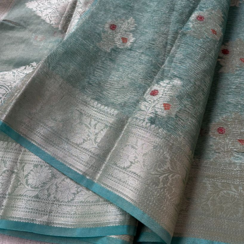 Sea green Banarasi Meenakari buta crushed tussue silk saree