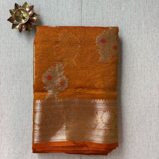 Rust orange Banarasi Meenakari buta crushed tussue silk saree