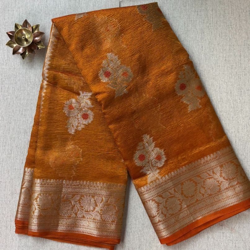 Rust orange Banarasi Meenakari buta crushed tussue silk saree