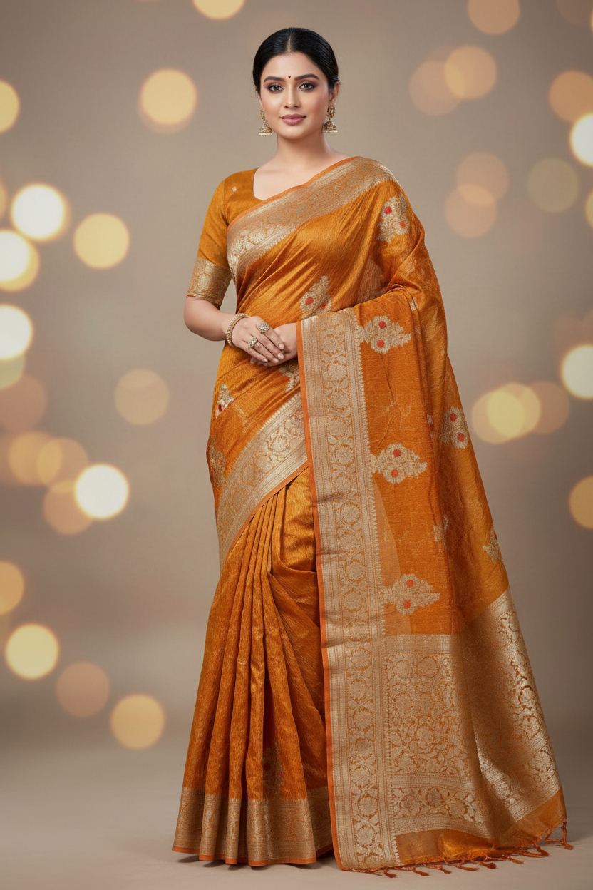 Rust orange Banarasi Meenakari buta crushed tussue silk saree