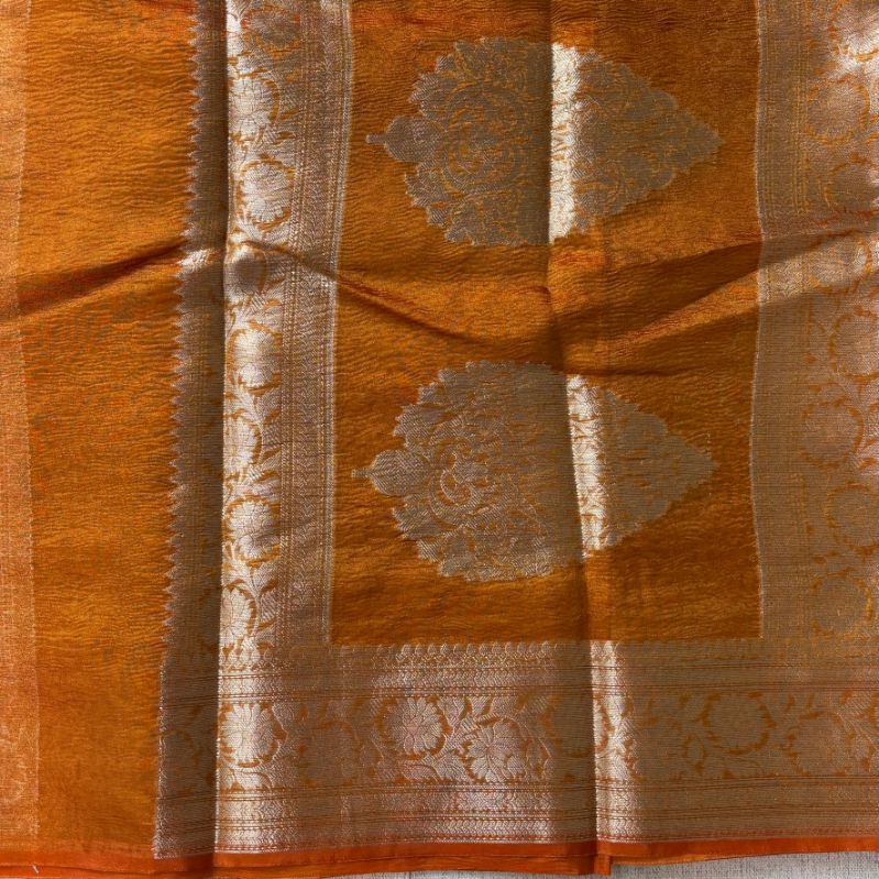 Rust orange Banarasi Meenakari buta crushed tussue silk saree
