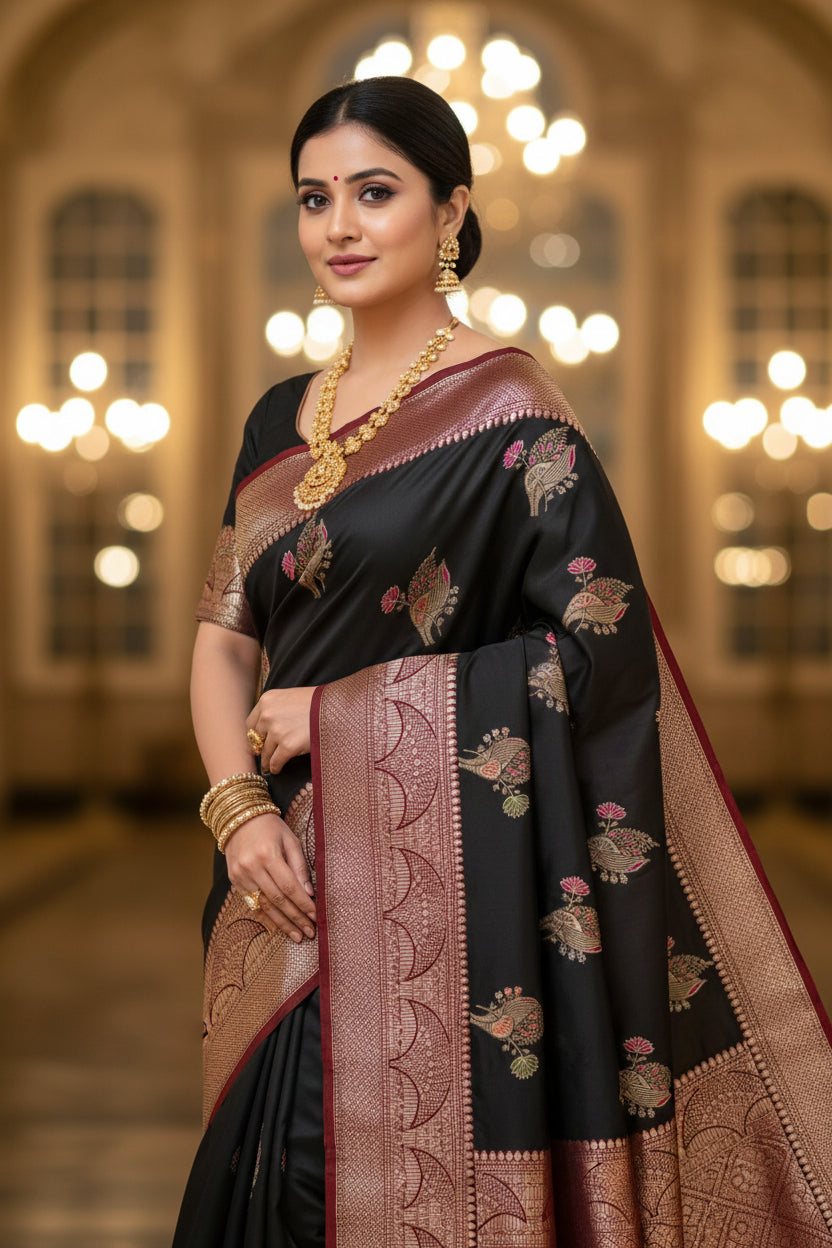 Black and maroon Banarasi Mashru mango Silk