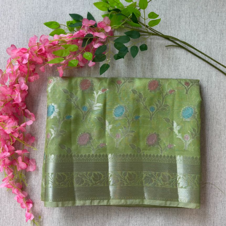 Pista green Banarasi  Tissue buti meena saree