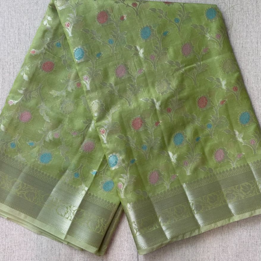 Pista green Banarasi  Tissue buti meena saree