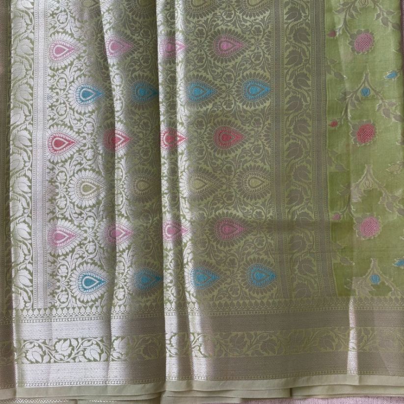 Pista green Banarasi  Tissue buti meena saree