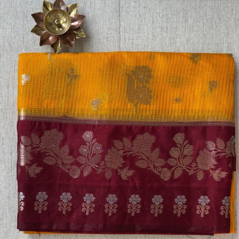 Yellow and Maroon contrust stripe Georgette saree