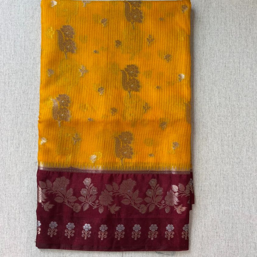 Yellow and Maroon contrust stripe Georgette saree