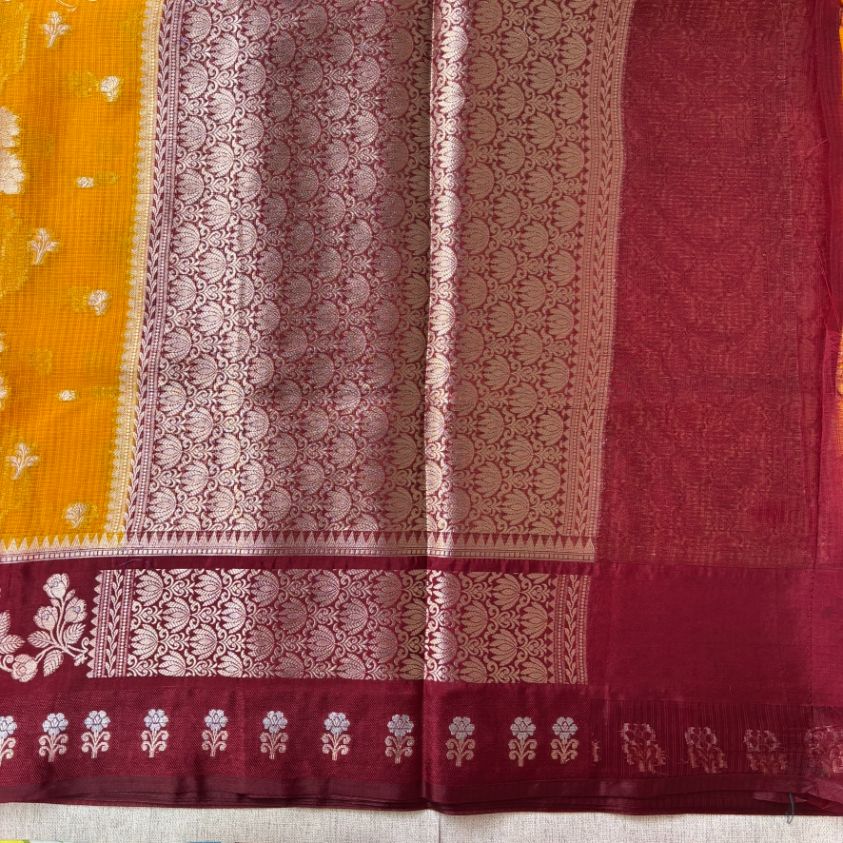 Yellow and Maroon contrust stripe Georgette saree