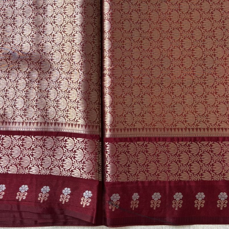 Yellow and Maroon contrust stripe Georgette saree