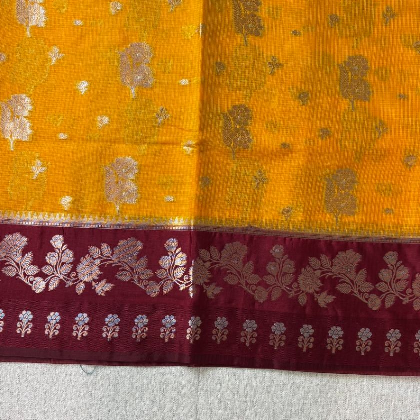 Yellow and Maroon contrust stripe Georgette saree