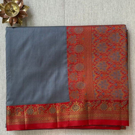 Grey and red hand woven Banarasi soft silk