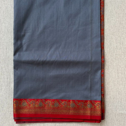 Grey and red hand woven Banarasi soft silk