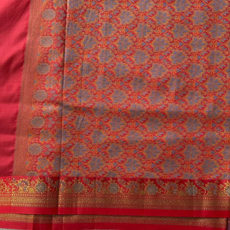 Grey and red hand woven Banarasi soft silk