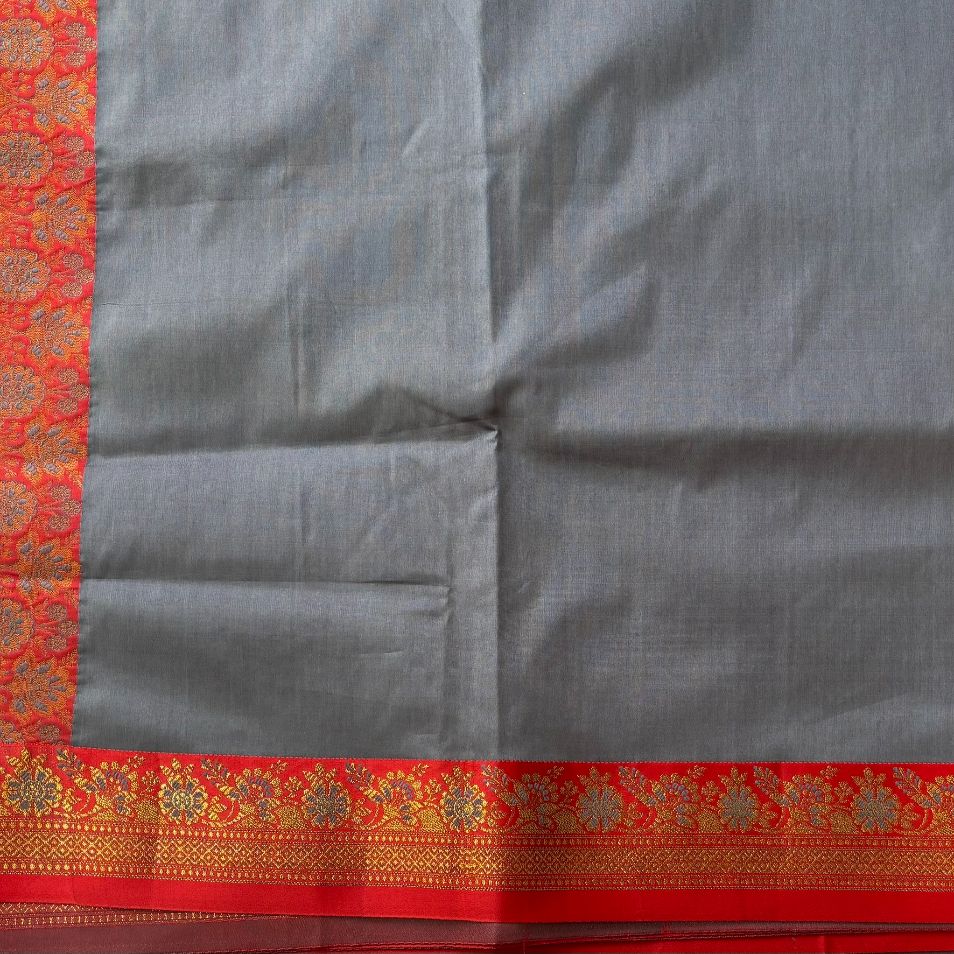 Grey and red hand woven Banarasi soft silk