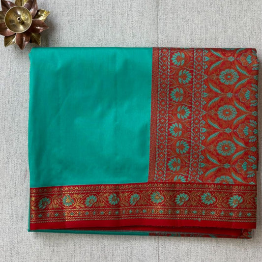 Teal green Brick red hand woven Banarasi soft silk