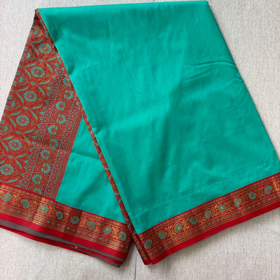 Teal green Brick red hand woven Banarasi soft silk