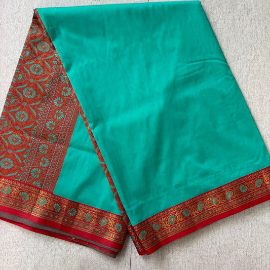 Teal green Brick red hand woven Banarasi soft silk