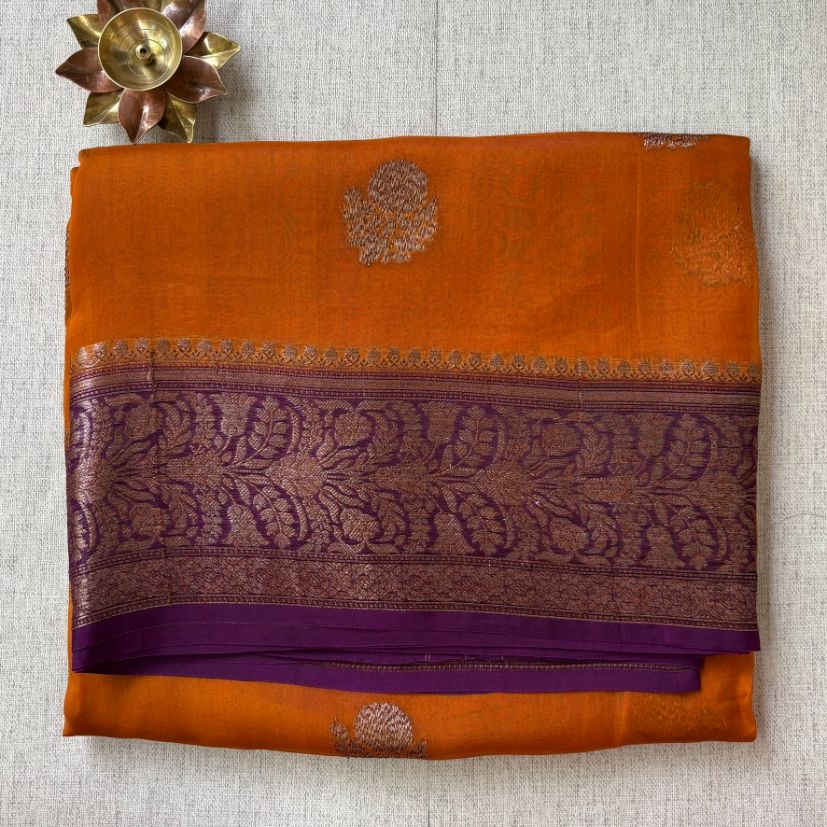 Pure kora antique Rust orange and wine saree