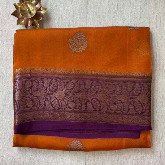 Pure kora antique Rust orange and wine saree