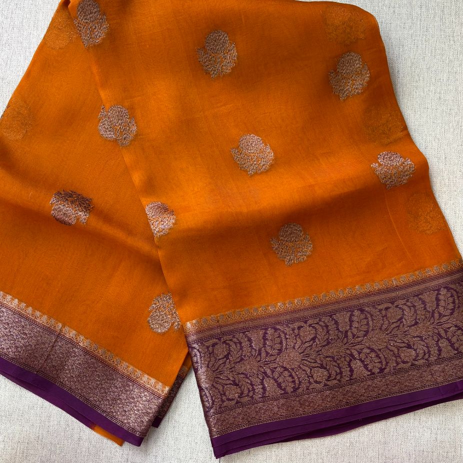 Pure kora antique Rust orange and wine saree